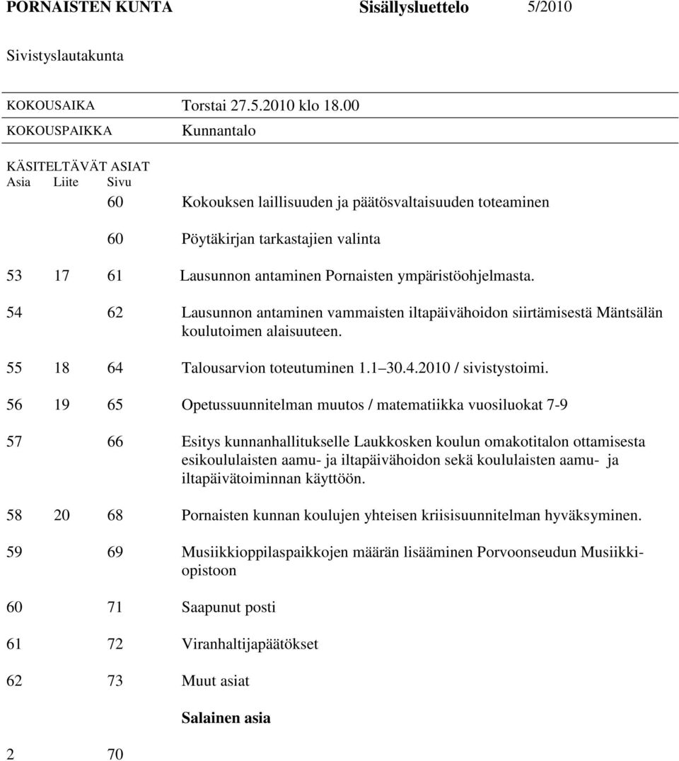 ympäristöohjelmasta. 54 62 Lausunnon antaminen vammaisten iltapäivähoidon siirtämisestä Mäntsälän koulutoimen alaisuuteen. 55 18 64 Talousarvion toteutuminen 1.1 30.4.2010 / sivistystoimi.
