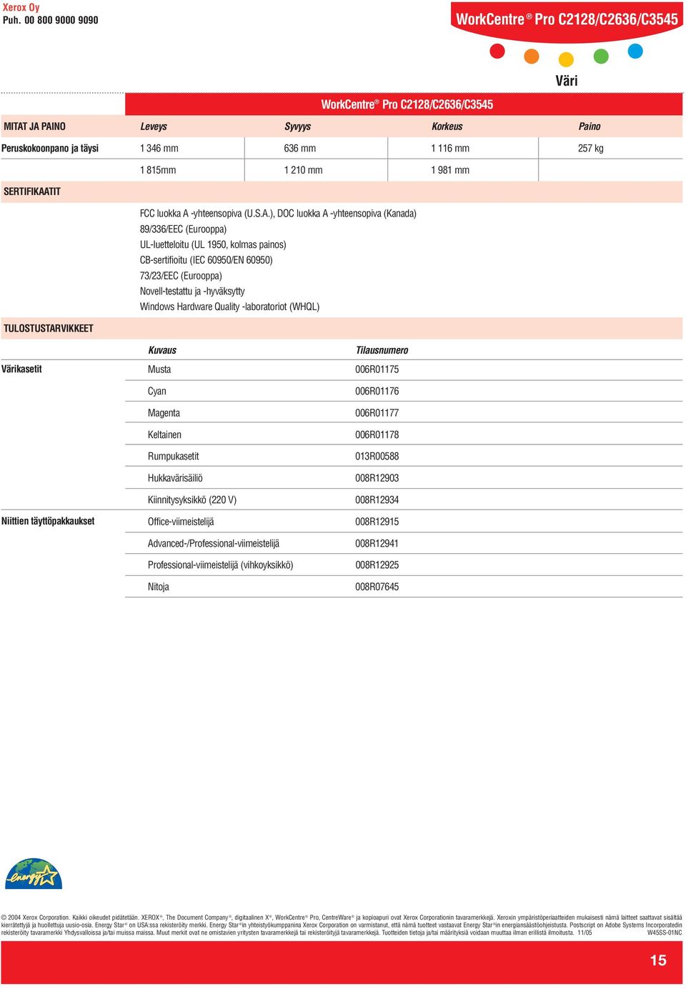 JA PAINO Peruskokoonpano ja täysi Leveys Syvyys Korkeus Paino 1 346 mm 636 mm 1 116 mm 257 kg 1 815mm 1 210 mm 1 981 mm SERTIFIKAATIT FCC luokka A -yhteensopiva (U.S.A.) DOC luokka A -yhteensopiva