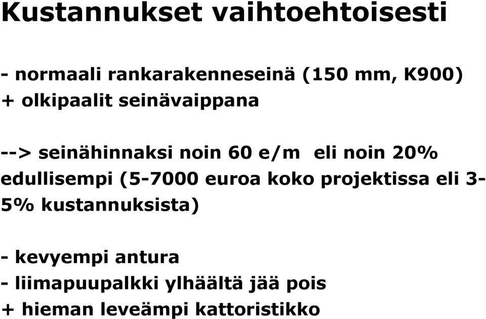 edullisempi (5-7000 euroa koko projektissa eli 35% kustannuksista) -
