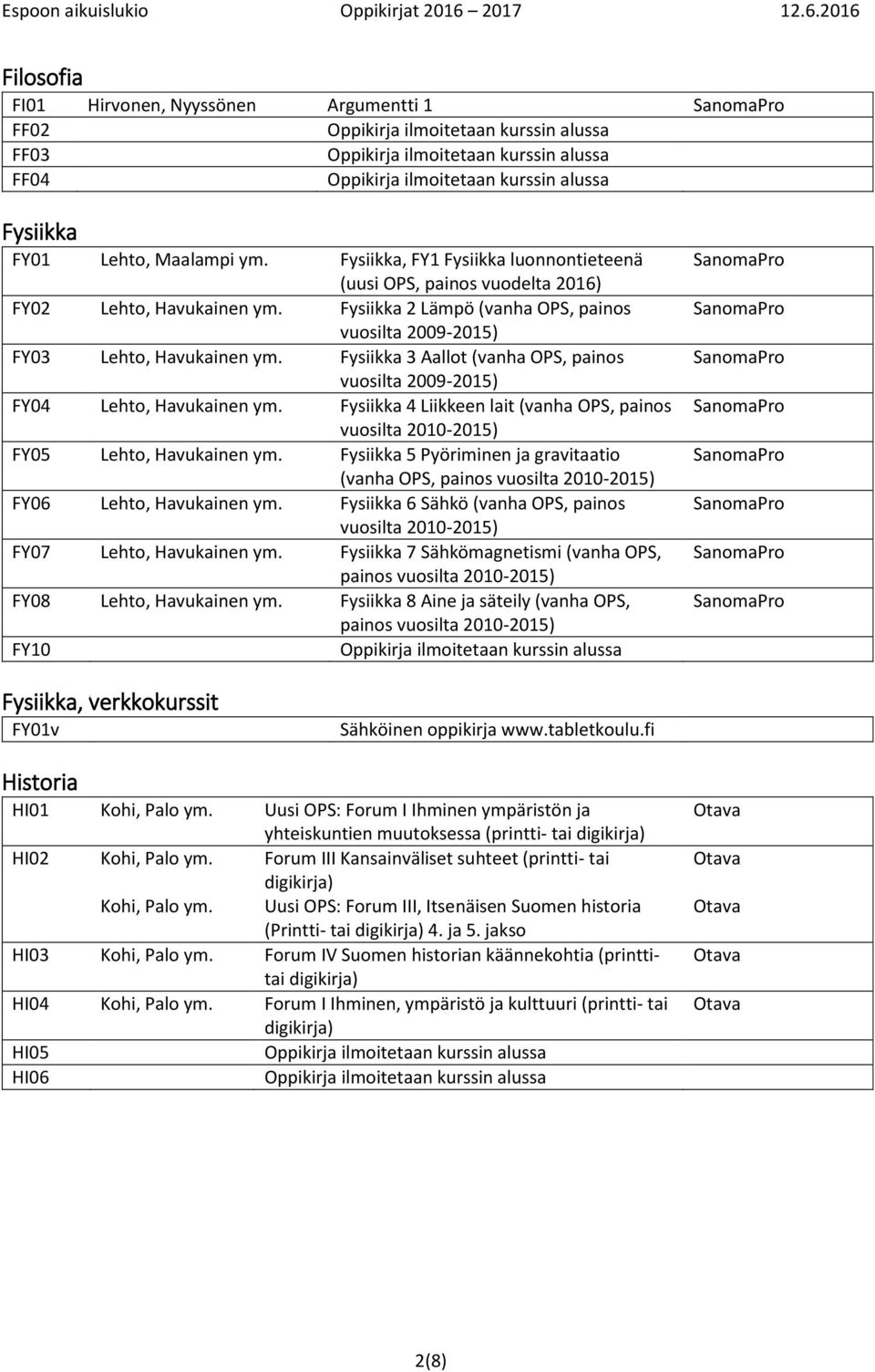 Fysiikka 4 Liikkeen lait (vanha OPS, painos vuosilta 2010-2015) FY05 Lehto, Havukainen ym. Fysiikka 5 Pyöriminen ja gravitaatio (vanha OPS, painos vuosilta 2010-2015) FY06 Lehto, Havukainen ym.