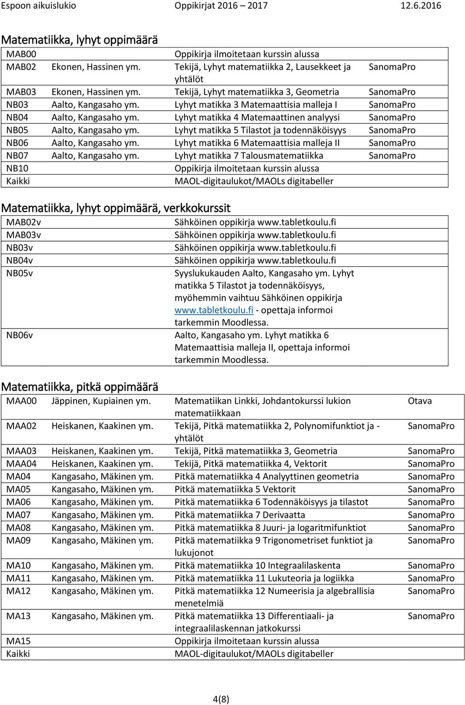 Lyhyt matikka 5 Tilastot ja todennäköisyys NB06 Aalto, Kangasaho ym. Lyhyt matikka 6 Matemaattisia malleja II NB07 Aalto, Kangasaho ym.