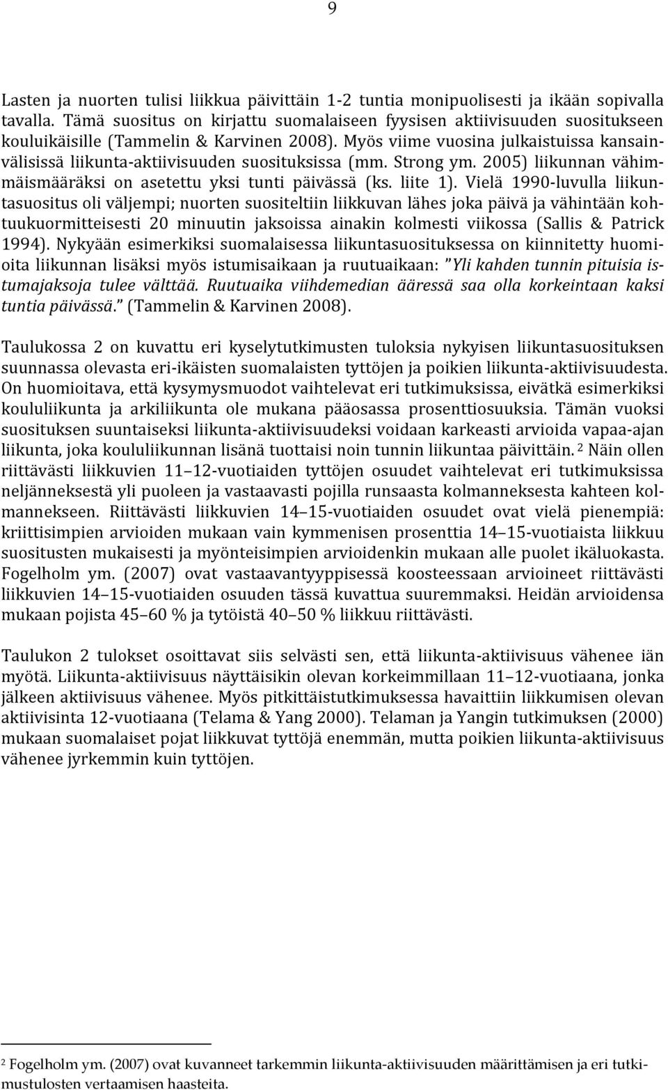 Myös viime vuosina julkaistuissa kansainvälisissä liikunta-aktiivisuuden suosituksissa (mm. Strong ym. 2005) liikunnan vähimmäismääräksi on asetettu yksi tunti päivässä (ks. liite 1).