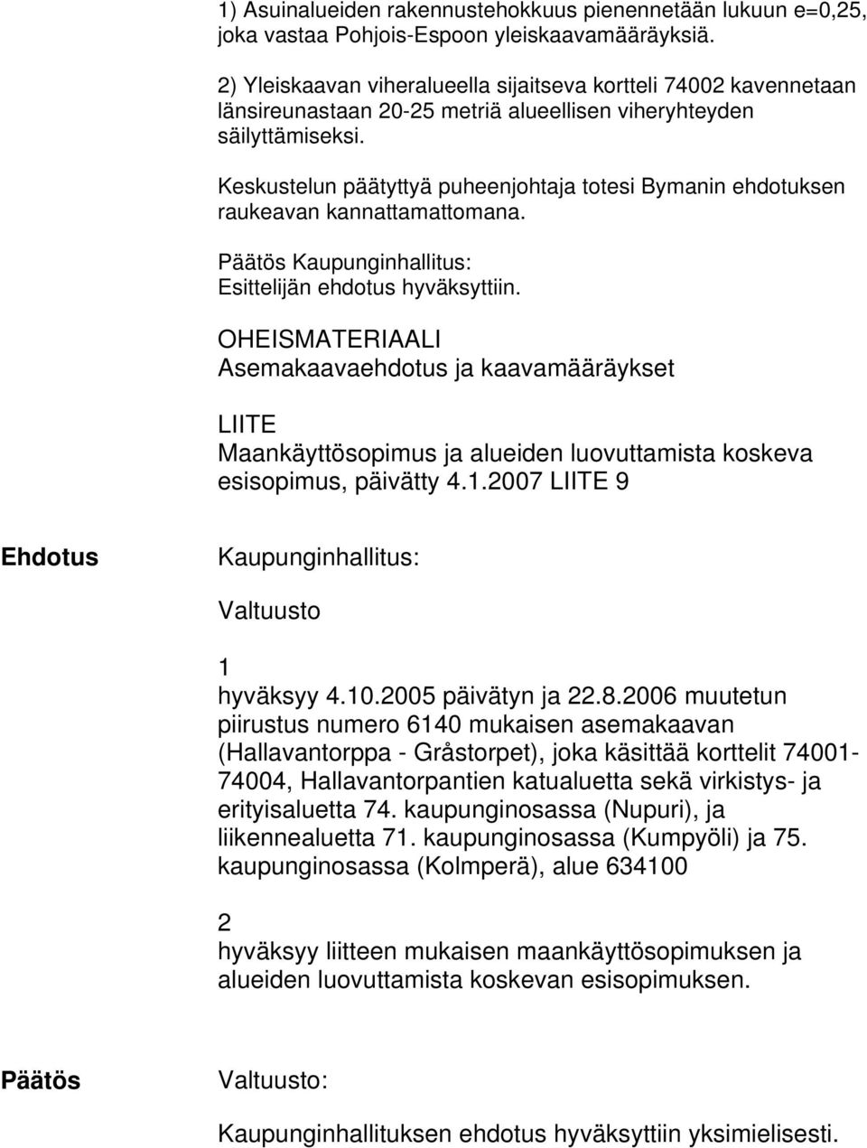 Keskustelun päätyttyä puheenjohtaja totesi Bymanin ehdotuksen raukeavan kannattamattomana. Päätös Kaupunginhallitus: Esittelijän ehdotus hyväksyttiin.