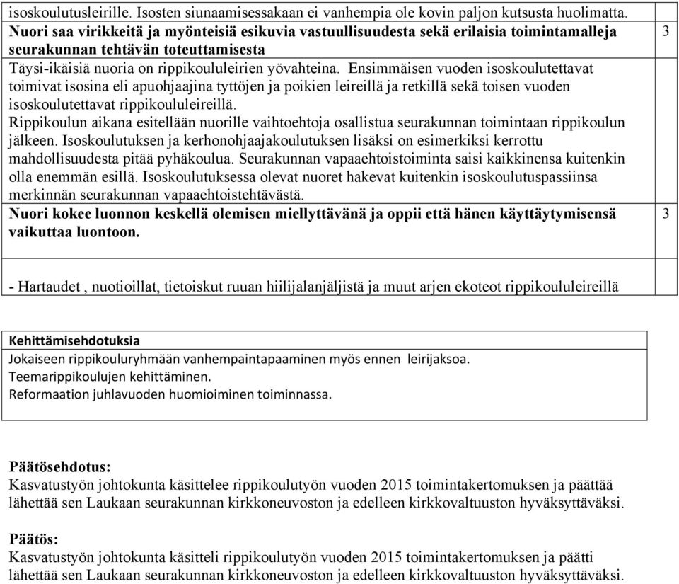 Ensimmäisen vuoden isoskoulutettavat toimivat isosina eli apuohjaajina tyttöjen ja poikien leireillä ja retkillä sekä toisen vuoden isoskoulutettavat rippikoululeireillä.