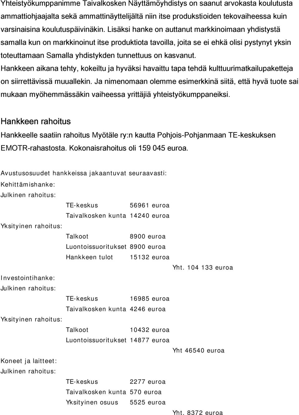 Lisäksi hanke on auttanut markkinoimaan yhdistystä samalla kun on markkinoinut itse produktiota tavoilla, joita se ei ehkä olisi pystynyt yksin toteuttamaan Samalla yhdistykden tunnettuus on kasvanut.