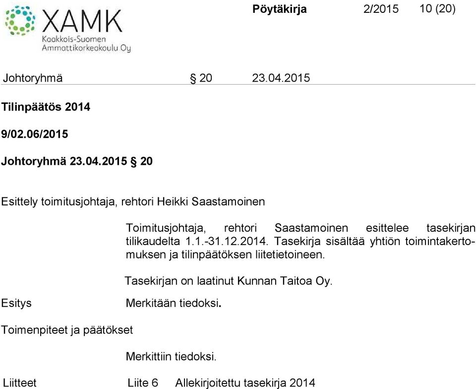 2015 20 Esittely toimitusjohtaja, rehtori Heikki Saastamoinen Toimitusjohtaja, rehtori Saastamoinen esittelee ta se