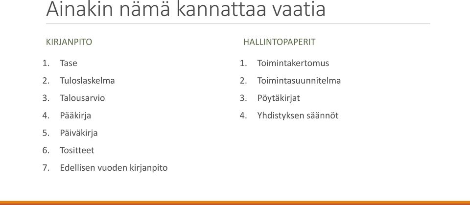 Tositteet 7. Edellisen vuoden kirjanpito HALLINTOPAPERIT 1.