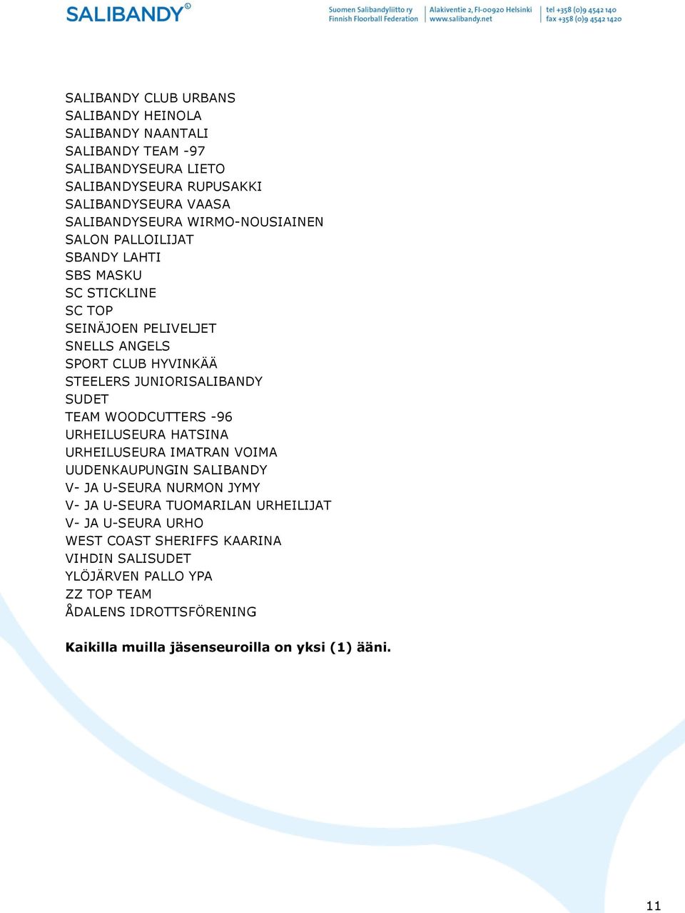 SUDET TEAM WOODCUTTERS -96 URHEILUSEURA HATSINA URHEILUSEURA IMATRAN VOIMA UUDENKAUPUNGIN SALIBANDY V- JA U-SEURA NURMON JYMY V- JA U-SEURA TUOMARILAN URHEILIJAT