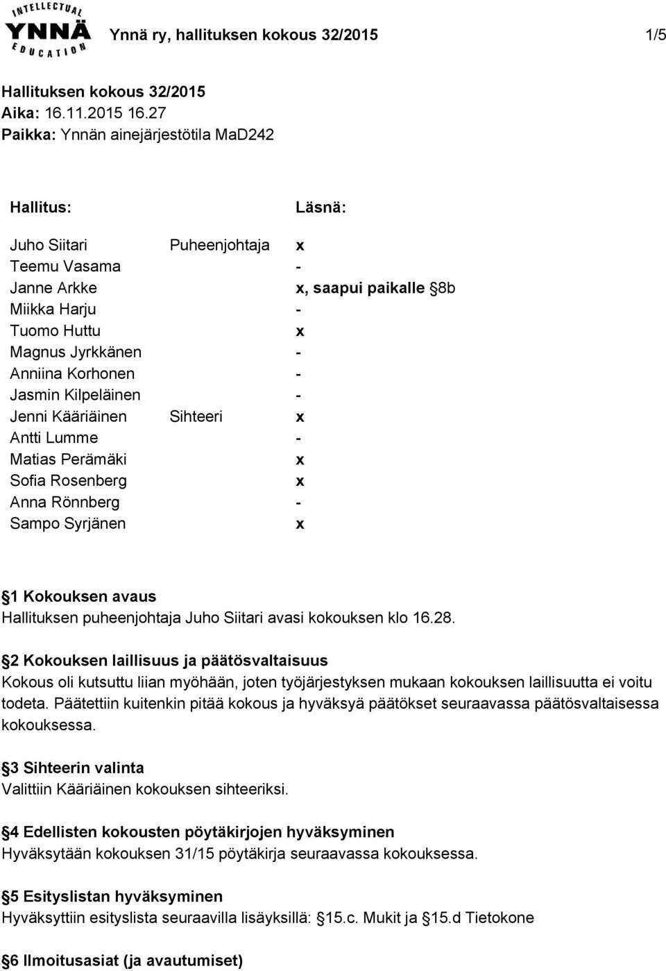 Matias Perämäki Sofia Rosenberg Anna Rönnberg Sampo Syrjänen Puheenjohtaja Sihteeri Läsnä:, saapui paikalle 8b 1 Kokouksen avaus Hallituksen puheenjohtaja Juho Siitari avasi kokouksen klo 16.28.