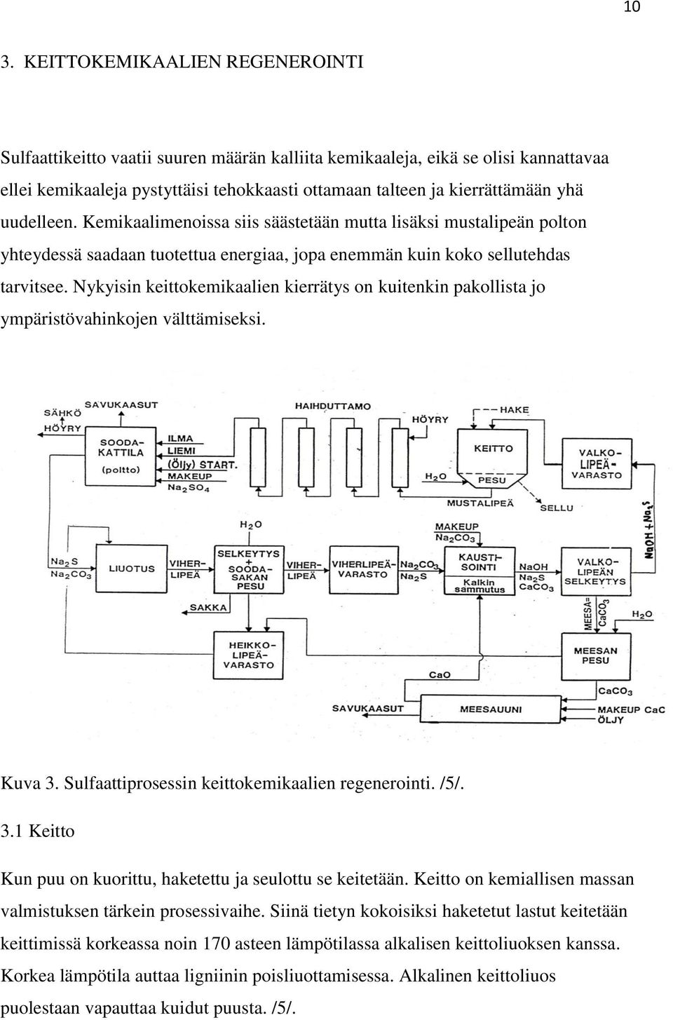 Nykyisin keittokemikaalien kierrätys on kuitenkin pakollista jo ympäristövahinkojen välttämiseksi. Kuva. Sulfaattiprosessin keittokemikaalien regenerointi. /5/.