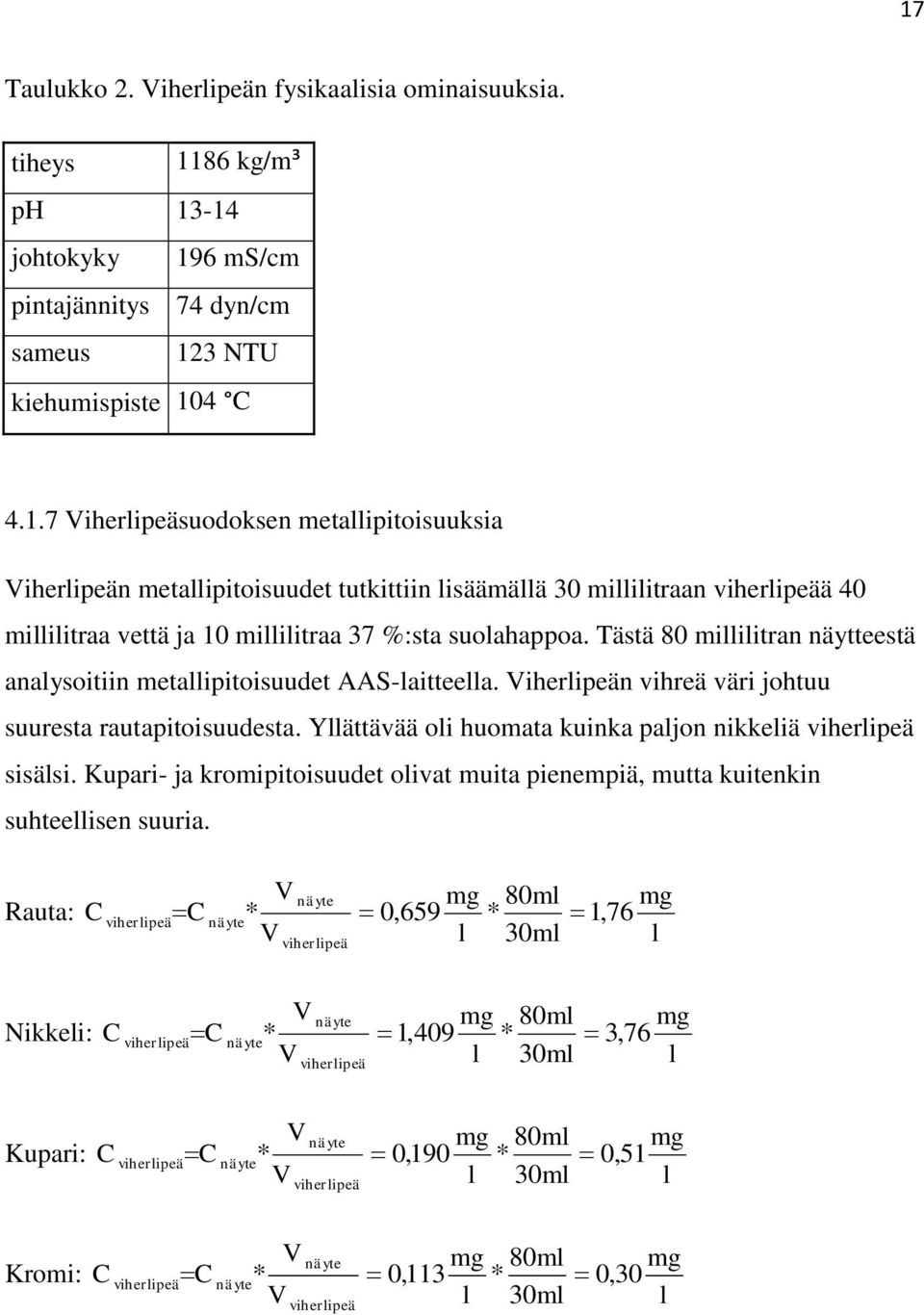 Yllättävää oli huomata kuinka paljon nikkeliä viherlipeä sisälsi. Kupari- ja kromipitoisuudet olivat muita pienempiä, mutta kuitenkin suhteellisen suuria.