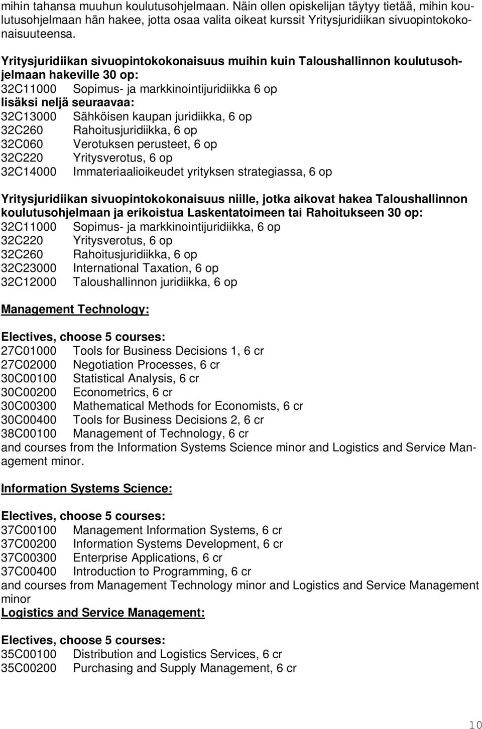 kaupan juridiikka, 6 op 32C260 Rahoitusjuridiikka, 6 op 32C060 Verotuksen perusteet, 6 op 32C220 Yritysverotus, 6 op 32C14000 Immateriaalioikeudet yrityksen strategiassa, 6 op Yritysjuridiikan