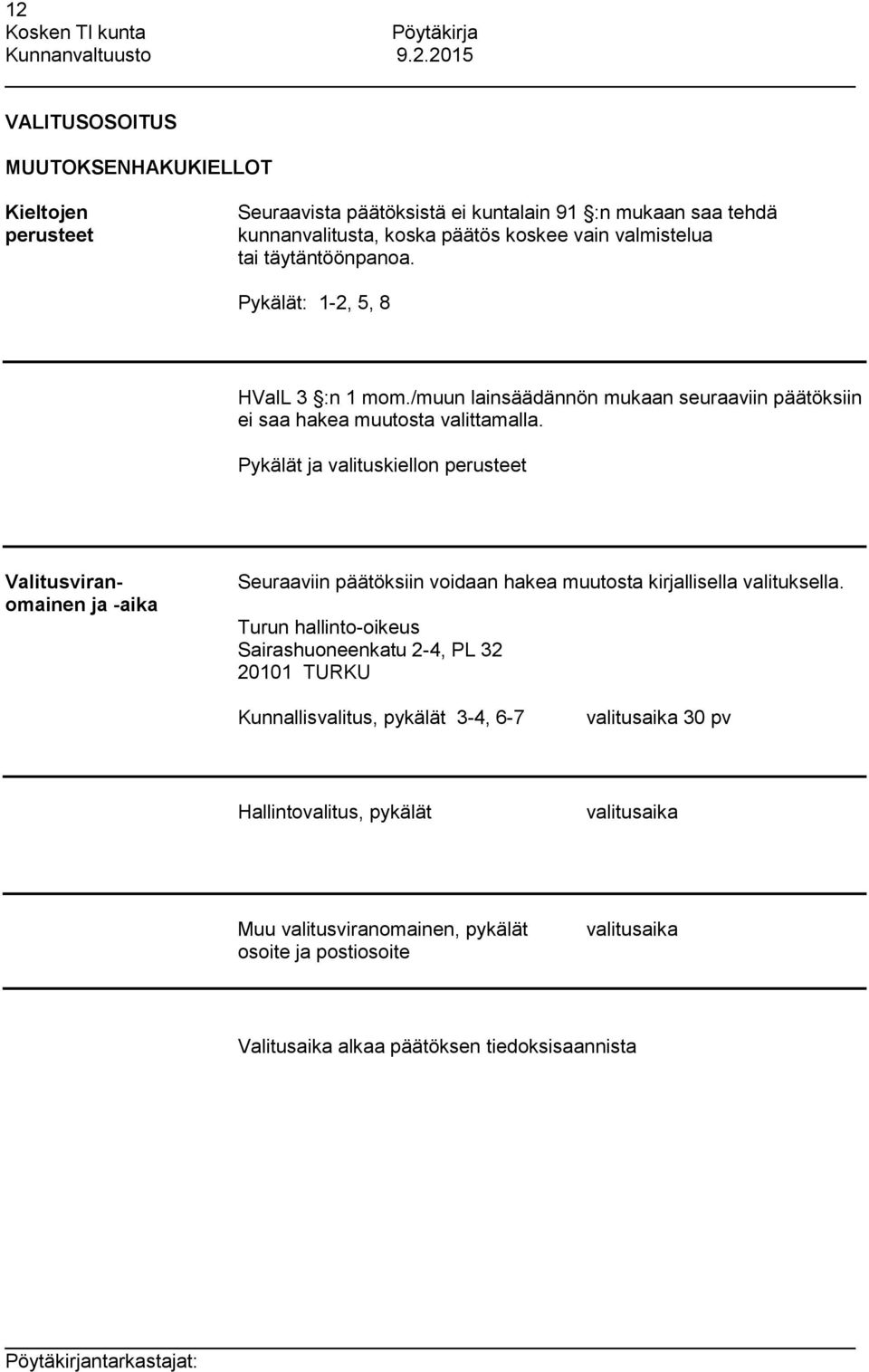 Pykälät ja valituskiellon perusteet Valitusviranomainen ja -aika Seuraaviin päätöksiin voidaan hakea muutosta kirjallisella valituksella.