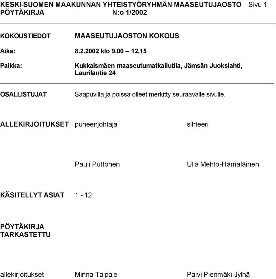 15 Paikka: Kukkaismäen maaseutumatkailutila, Jämsän Juokslahti, Laurilantie 24 OSALLISTUJAT Saapuvilla ja poissa