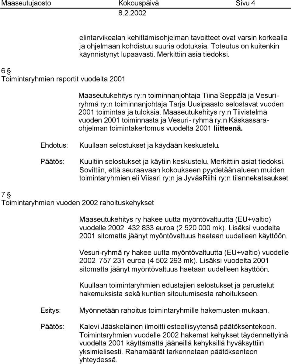 Maaseutukehitys ry:n toiminnanjohtaja Tiina Seppälä ja Vesuriryhmä ry:n toiminnanjohtaja Tarja Uusipaasto selostavat vuoden 2001 toimintaa ja tuloksia.