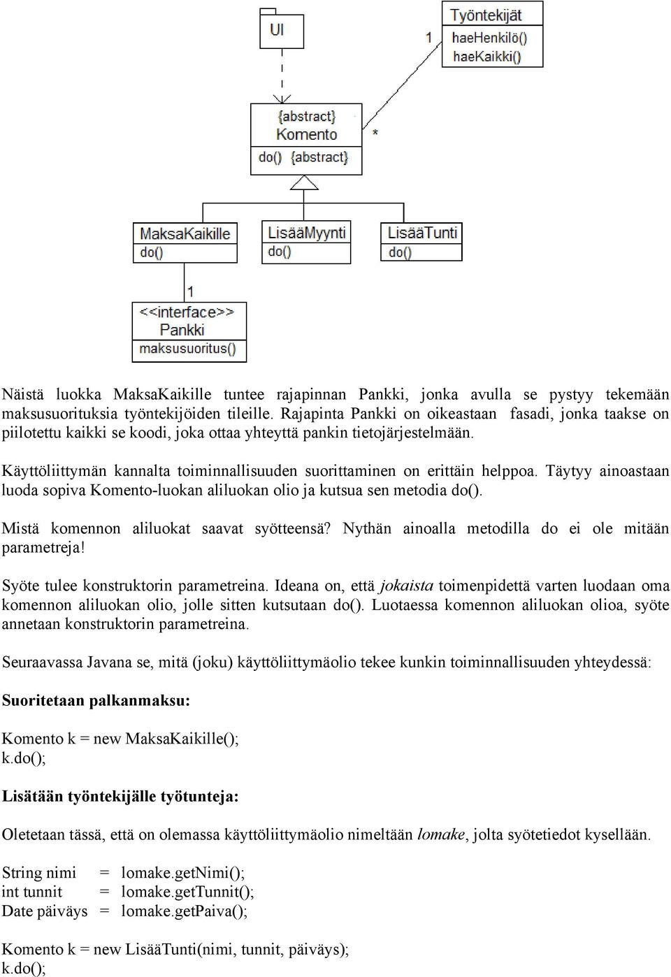 Käyttöliittymän kannalta toiminnallisuuden suorittaminen on erittäin helppoa. Täytyy ainoastaan luoda sopiva Komento-luokan aliluokan olio ja kutsua sen metodia do().