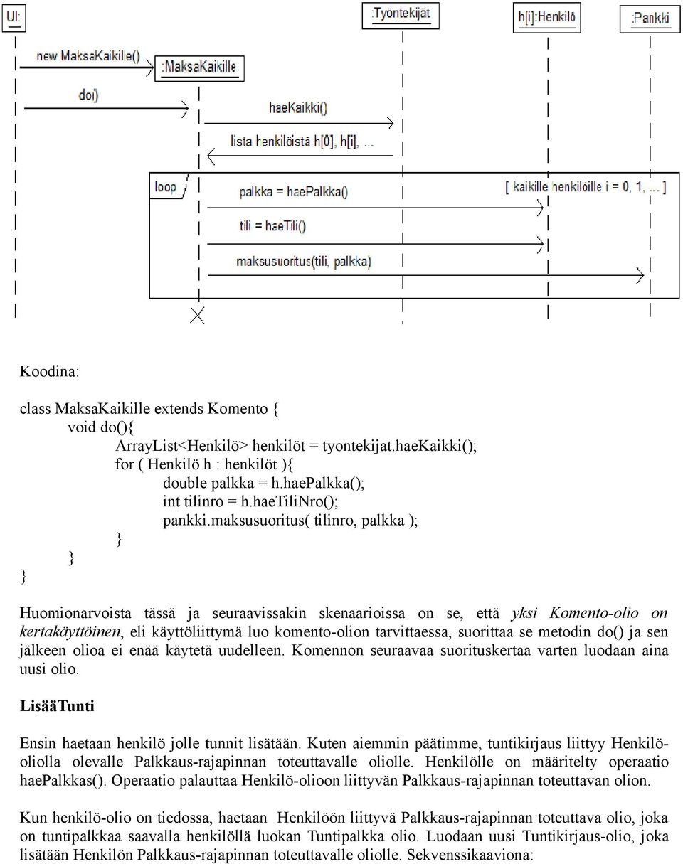 maksusuoritus( tilinro, palkka ); Huomionarvoista tässä ja seuraavissakin skenaarioissa on se, että yksi Komento-olio on kertakäyttöinen, eli käyttöliittymä luo komento-olion tarvittaessa, suorittaa