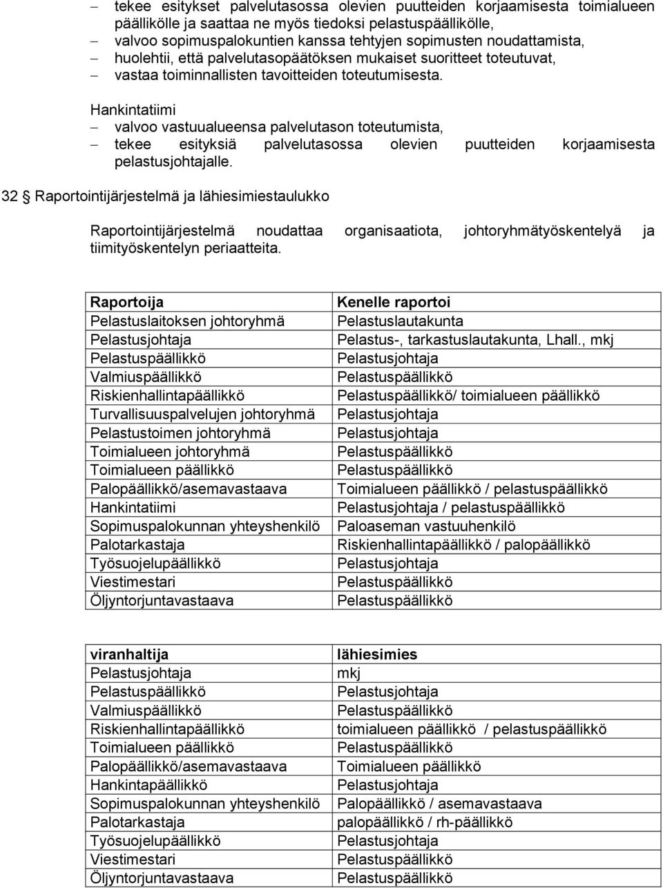 Hankintatiimi valvoo vastuualueensa palvelutason toteutumista, tekee esityksiä palvelutasossa olevien puutteiden korjaamisesta pelastusjohtajalle.