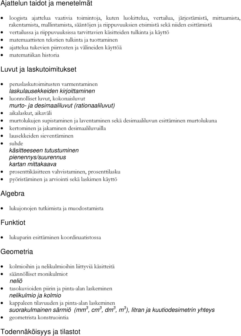 tekstien tulkinta ja tuottaminen ajattelua tukevien piirrosten ja välineiden käyttöä matematiikan historia Luvut ja laskutoimitukset peruslaskutoimitusten varmentaminen laskulausekkeiden