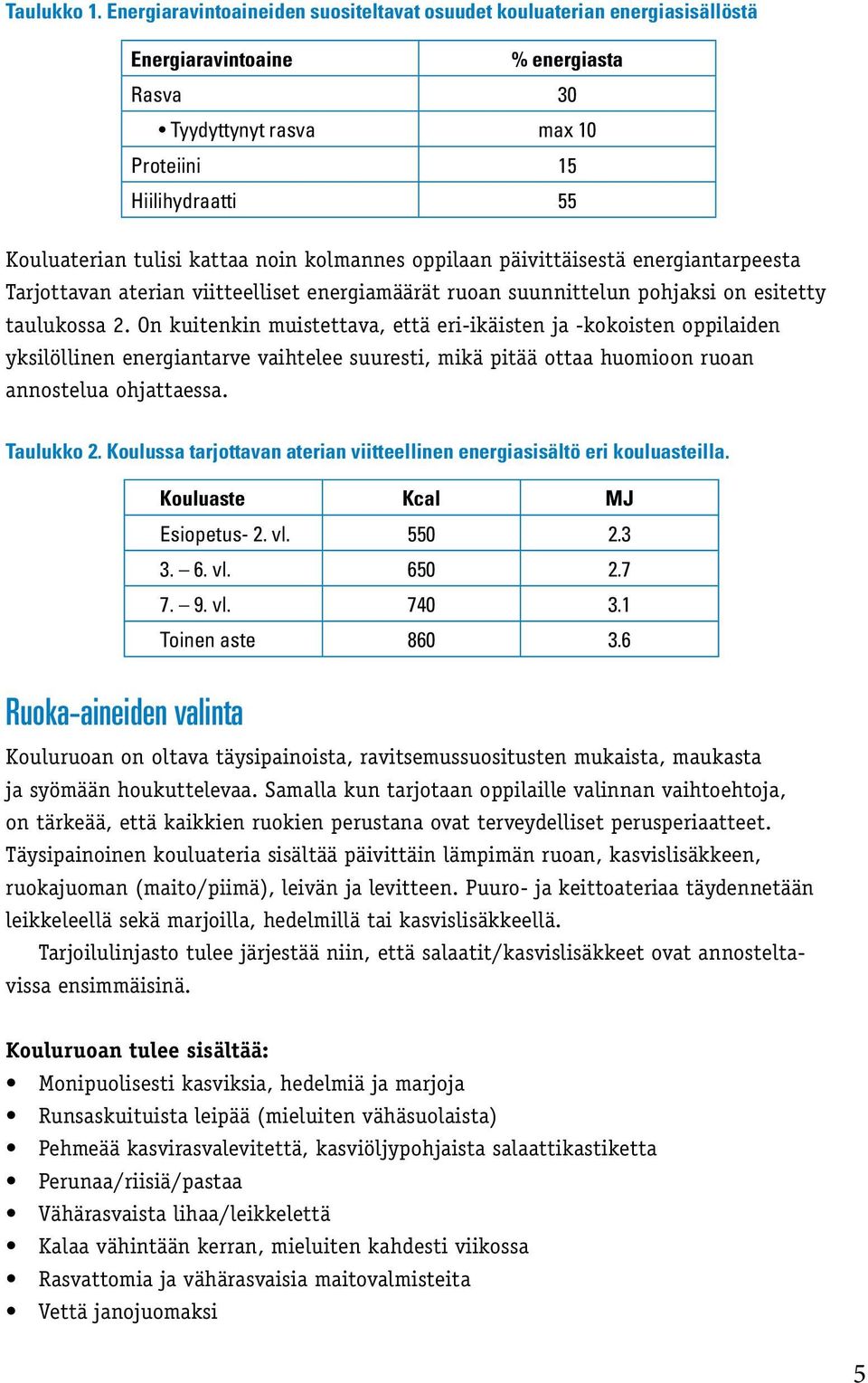 noin kolmannes oppilaan päivittäisestä energiantarpeesta Tarjottavan aterian viitteelliset energiamäärät ruoan suunnittelun pohjaksi on esitetty taulukossa 2.