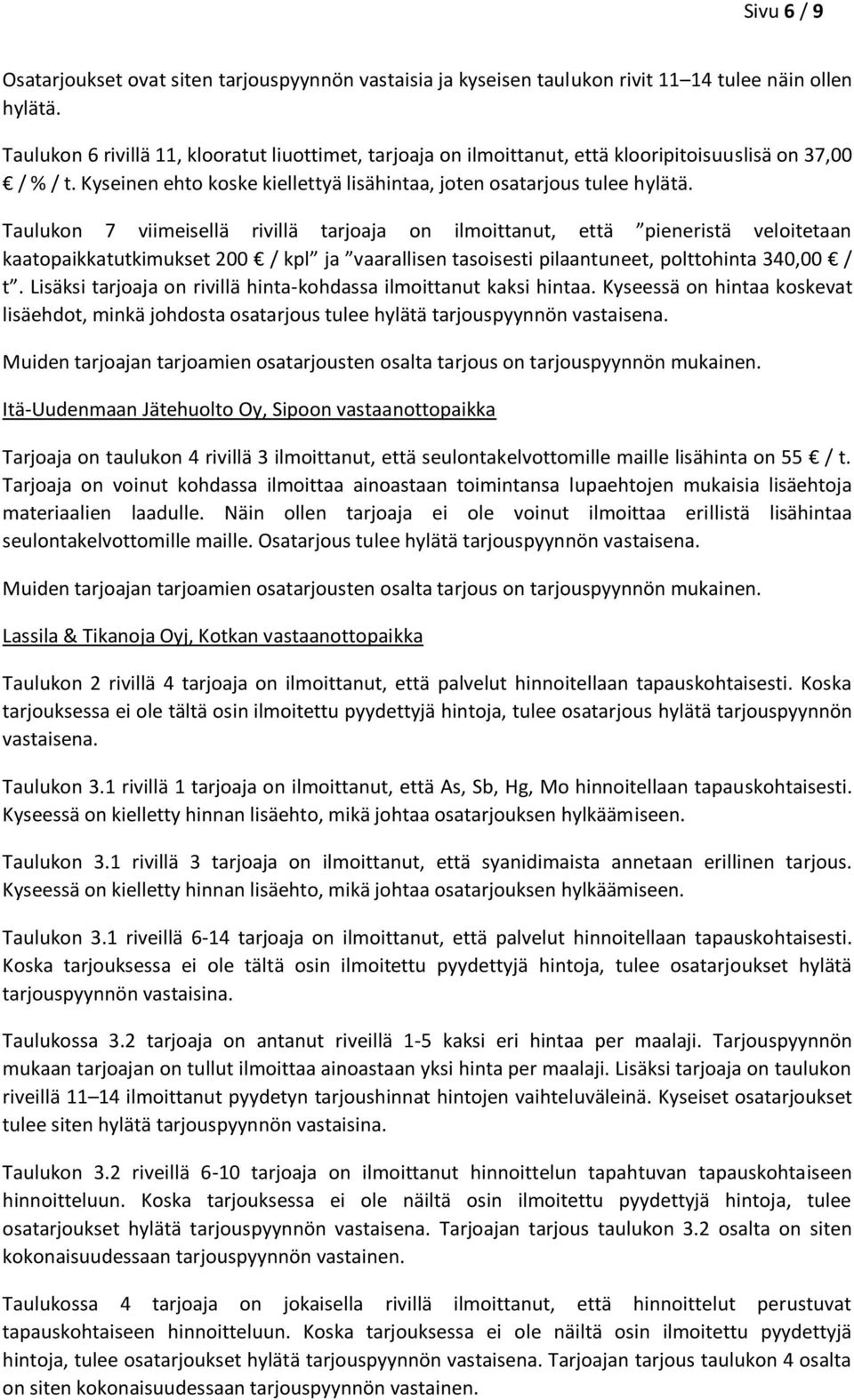 Taulukon 7 viimeisellä rivillä tarjoaja on ilmoittanut, että pieneristä veloitetaan kaatopaikkatutkimukset 200 / kpl ja vaarallisen tasoisesti pilaantuneet, polttohinta 340,00 / t.