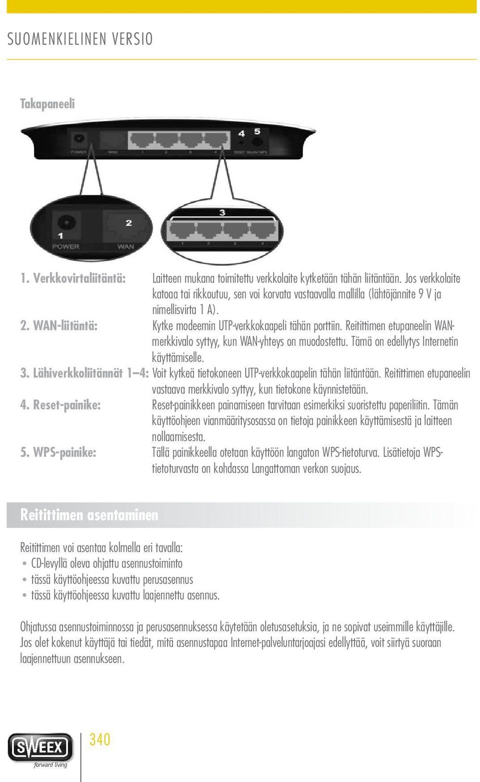 Reitittimen etupaneelin WANmerkkivalo syttyy, kun WAN-yhteys on muodostettu. Tämä on edellytys Internetin käyttämiselle. 3.