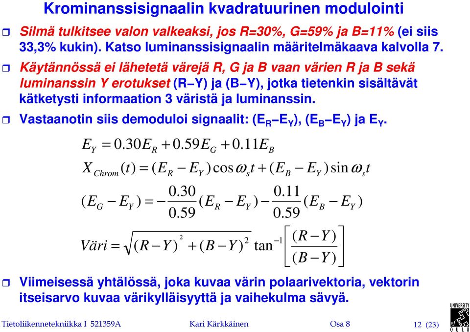 Vasaanoin siis deoduloi signaali: E R E Y, E B E Y ja E Y. E X Y E = Chro G Väri 0.30E = E Y = R R E = + 0.59E R Y 0.30 E 0.59 2 E Y G + B + 0.
