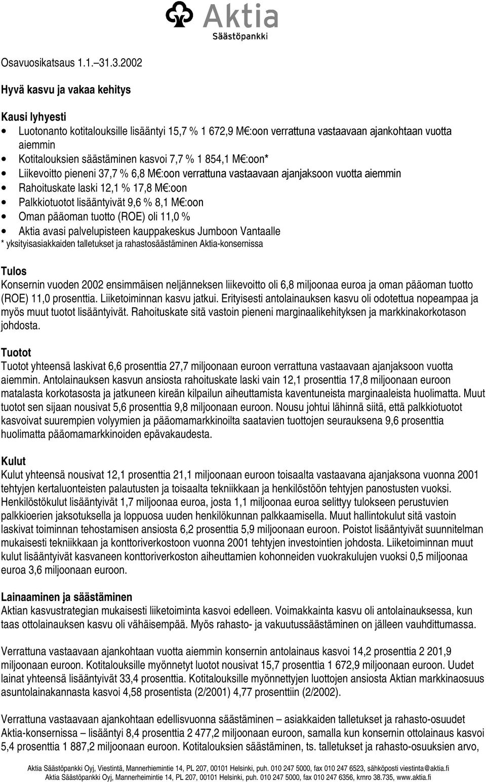 854,1 M¼RRQ Liikevoitto pieneni 37,7 % 6,8 M¼RRQÃYHUUDWWXQDÃYDVWDDYDDQÃDMDQMDNVRRQÃYXRWWDÃDLHPPLQ Rahoituskate laski 12,1 % 17,8 M¼RRQ Palkkiotuotot lisääntyivät 9,6 % 8,1 M¼RRQ Oman pääoman tuotto