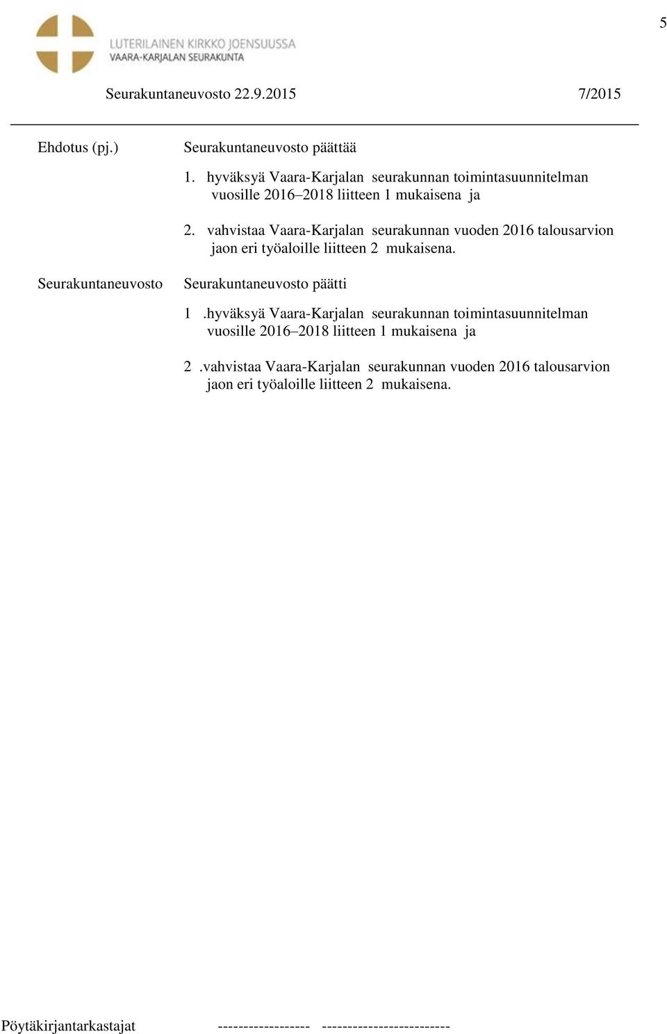 vahvistaa Vaara-Karjalan seurakunnan vuoden 2016 talousarvion jaon eri työaloille liitteen 2 mukaisena.