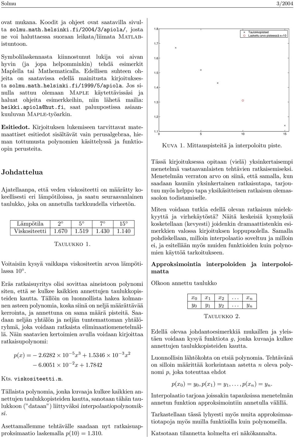Edellisen suhteen ohjeita on saatavissa edellä mainitusta kirjoituksesta solmu.math.helsinki.fi/999/5/apiola.