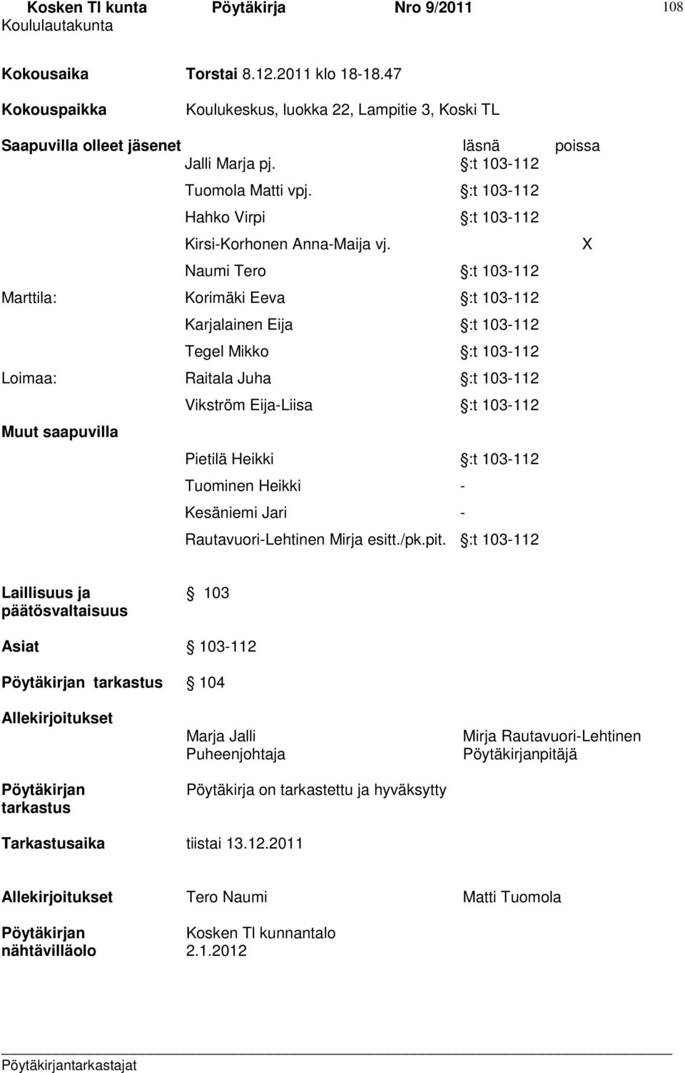 Naumi Tero :t 103-112 Marttila: Korimäki Eeva :t 103-112 Karjalainen Eija :t 103-112 Tegel Mikko :t 103-112 Loimaa: Raitala Juha :t 103-112 Muut saapuvilla Vikström Eija-Liisa :t 103-112 Pietilä