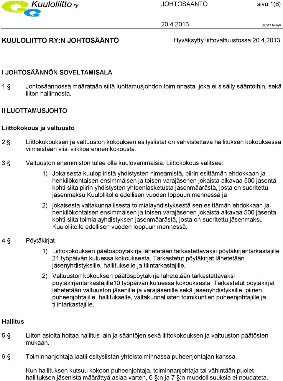 II LUOTTAMUSJOHTO Liittokokous ja valtuusto 2 Liittokokouksen ja valtuuston kokouksen esityslistat on vahvistettava hallituksen kokouksessa viimeistään viisi viikkoa ennen kokousta.
