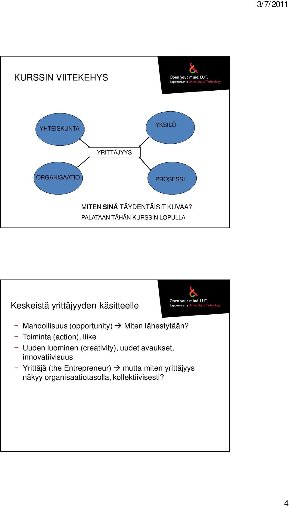 PALATAAN TÄHÄN KURSSIN LOPULLA Keskeistä yrittäjyyden käsitteelle Mahdollisuus (opportunity) Miten