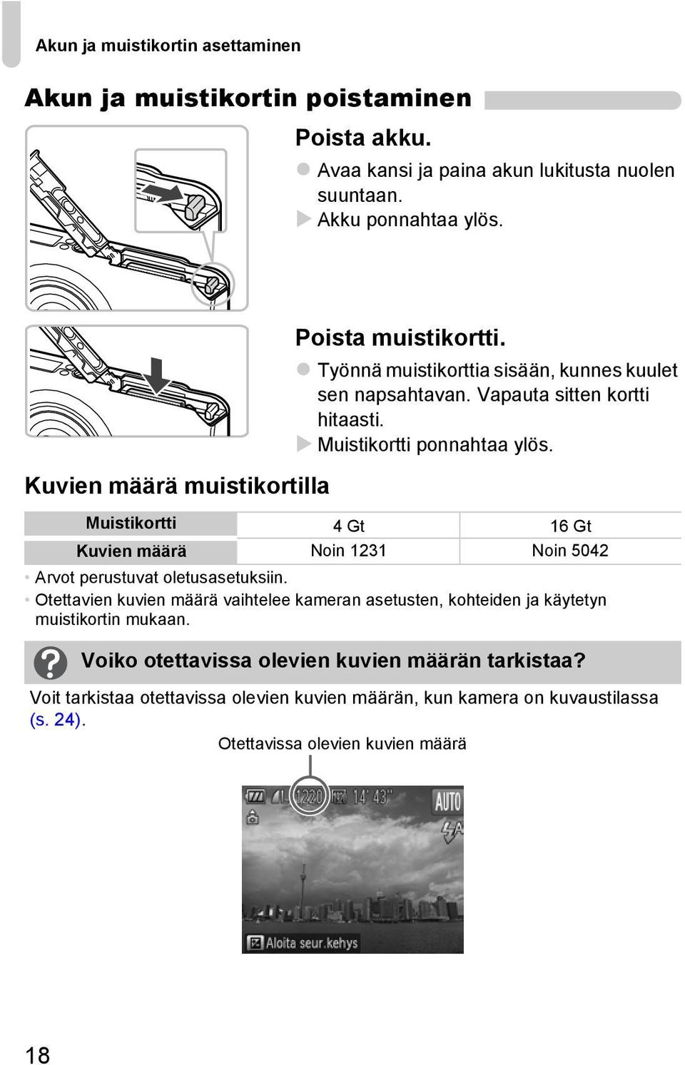 Muistikortti 4 Gt 16 Gt Kuvien määrä Noin 1231 Noin 5042 Arvot perustuvat oletusasetuksiin.