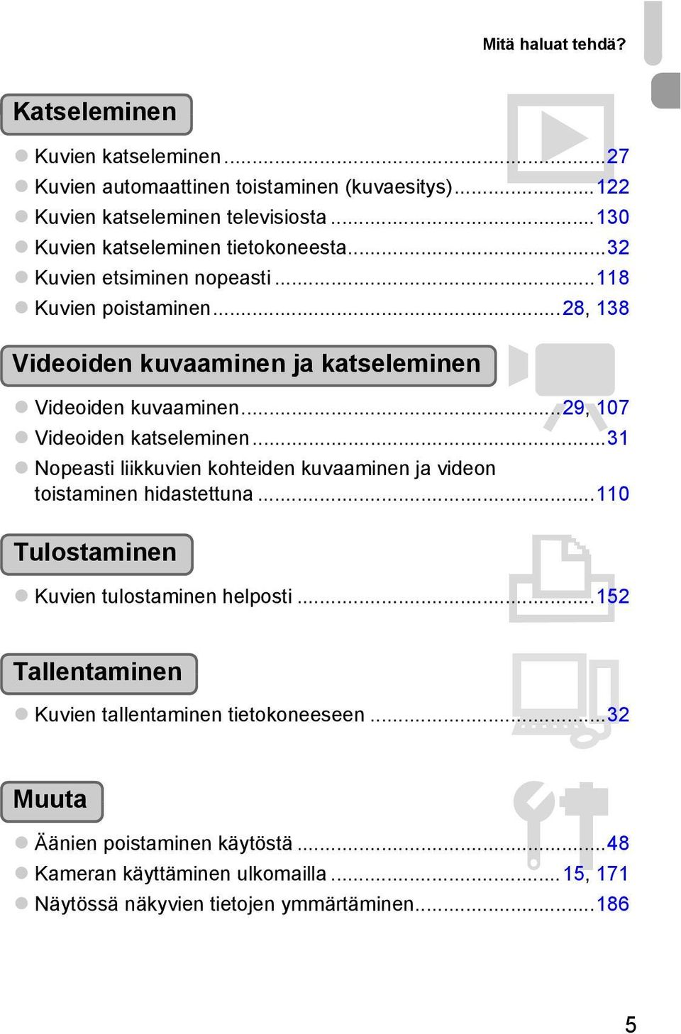 ..29, 107 Videoiden katseleminen...31 Nopeasti liikkuvien kohteiden kuvaaminen ja videon toistaminen hidastettuna...110 Tulostaminen 2 Kuvien tulostaminen helposti.
