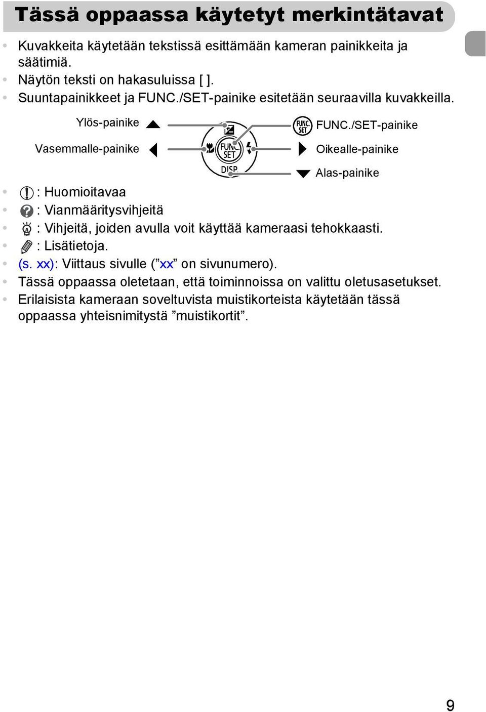 /SET-painike Oikealle-painike Alas-painike : Huomioitavaa : Vianmääritysvihjeitä : Vihjeitä, joiden avulla voit käyttää kameraasi tehokkaasti. : Lisätietoja. (s.