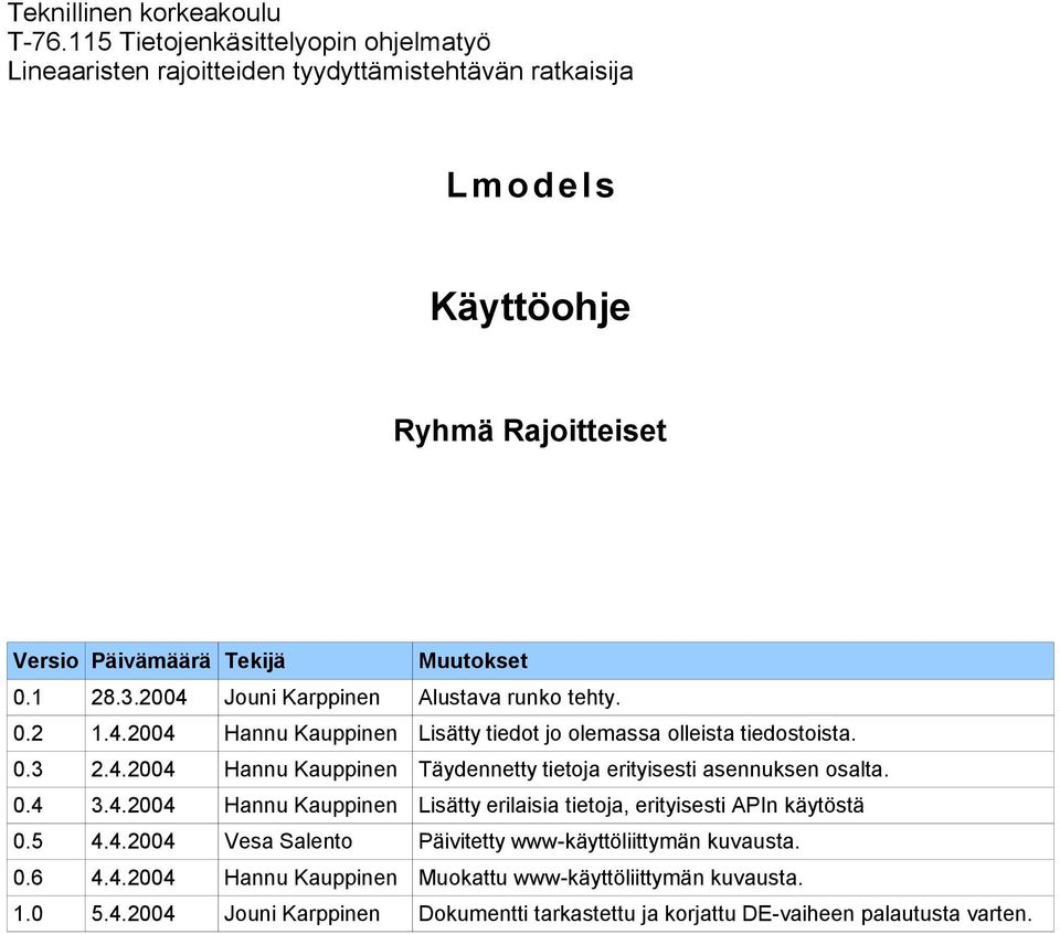 2004 Jouni Karppinen Alustava runko tehty. 0.2 1.4.2004 Hannu Kauppinen Lisätty tiedot jo olemassa olleista tiedostoista. 0.3 2.4.2004 Hannu Kauppinen Täydennetty tietoja erityisesti asennuksen osalta.