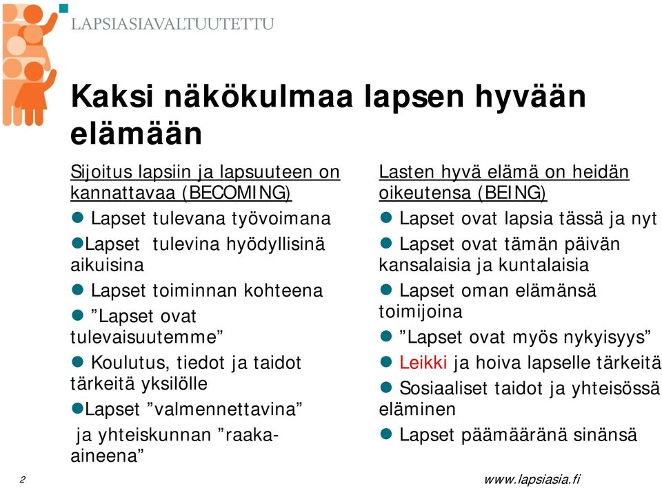 yhteiskunnan raakaaineena Lasten hyvä elämä on heidän oikeutensa (BEING) Lapset ovat lapsia tässä ja nyt Lapset ovat tämän päivän kansalaisia ja