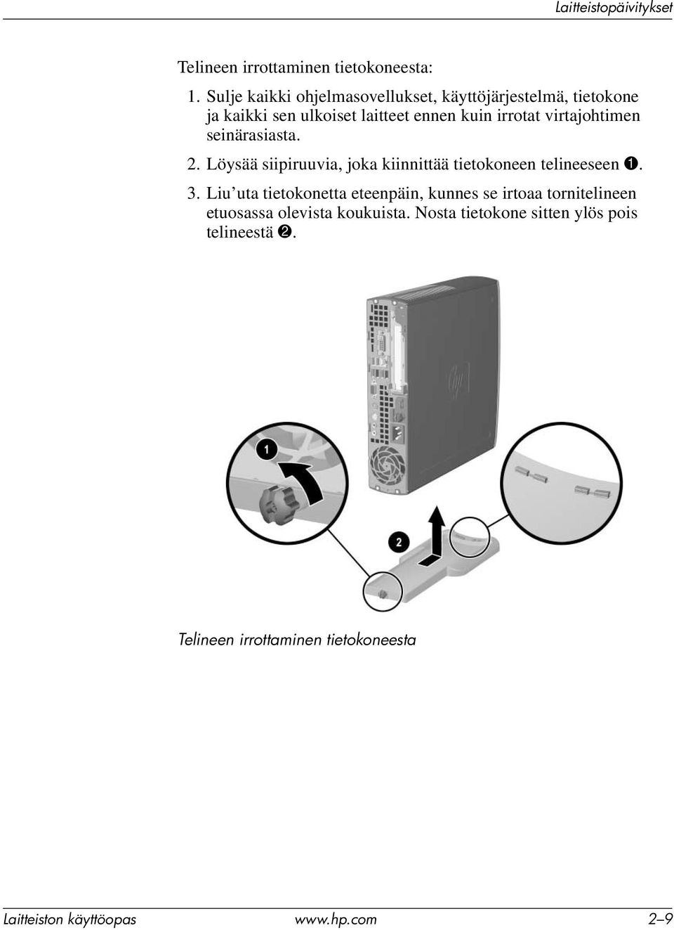 virtajohtimen seinärasiasta. 2. Löysää siipiruuvia, joka kiinnittää tietokoneen telineeseen 1. 3.