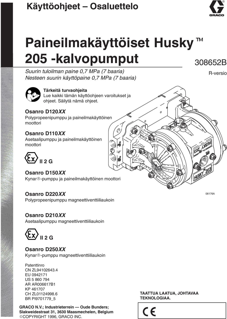 Osanro D20XX Polypropeenipumppu ja paineilmakäyttöinen moottori Osanro D0XX Asetaalipumppu ja paineilmakäyttöinen moottori 308652B R-versio II 2 G Osanro D50XX Kynar-pumppu ja paineilmakäyttöinen