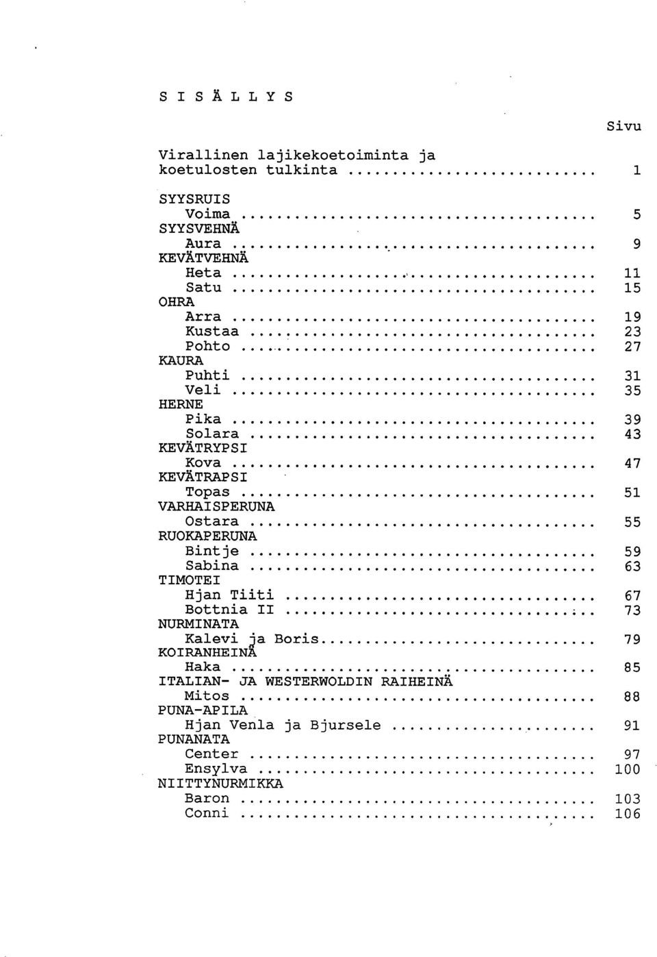 Ostara 55 RUOKAPERUNA Bintje 59 Sabina 63 TIMOTEI jan Tiiti 67 Bottnia II 73 NURMINATA Kalevi ja Boris 79 KOIRANEINA aka 85