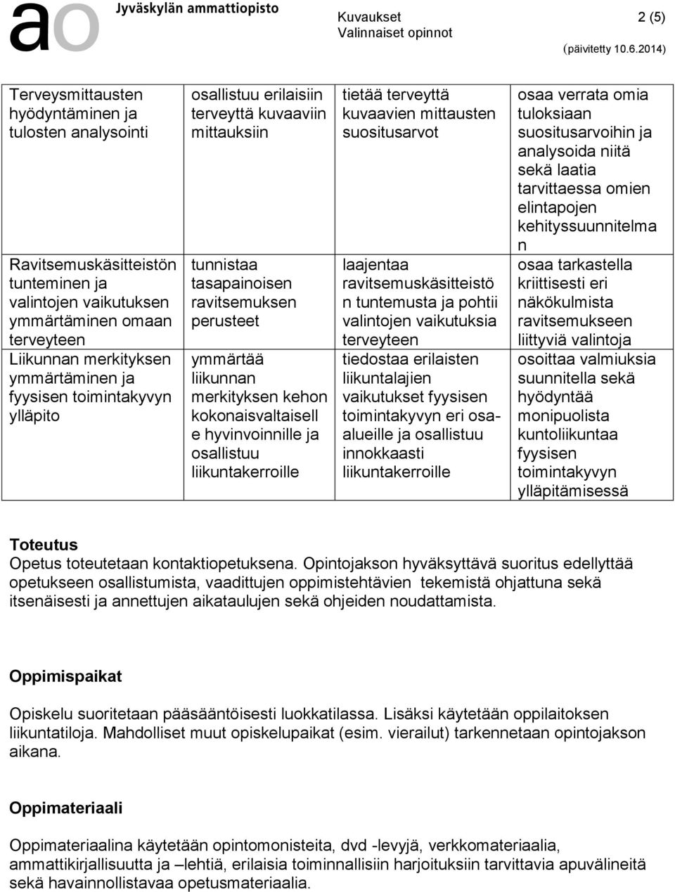 osallistuu liikuntakerroille tietää terveyttä kuvaavien mittausten suositusarvot laajentaa ravitsemuskäsitteistö n tuntemusta ja pohtii valintojen vaikutuksia tiedostaa erilaisten liikuntalajien