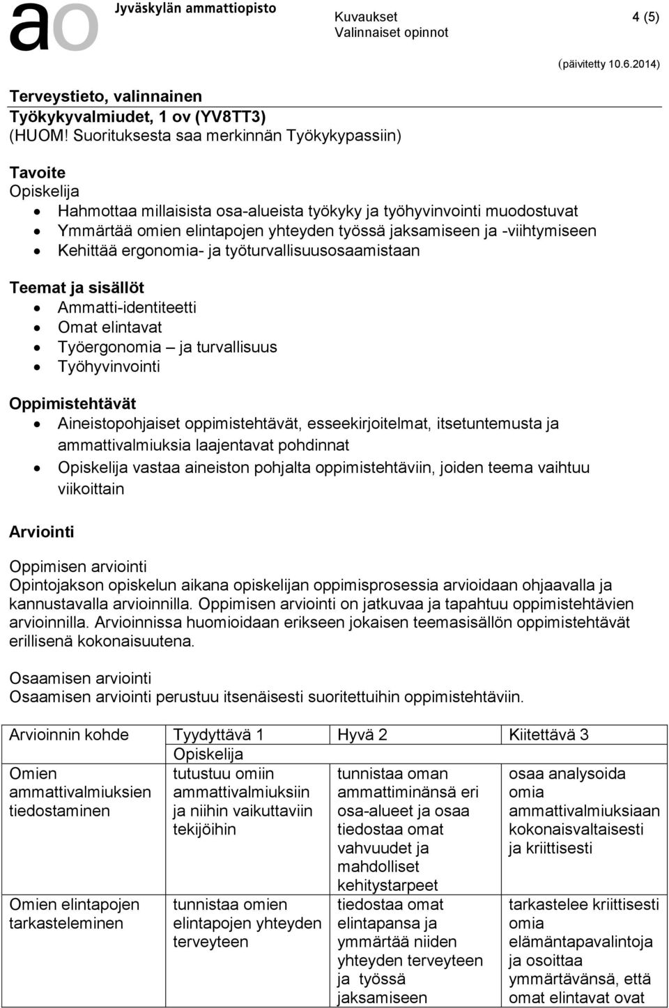 oppimistehtävät, esseekirjoitelmat, itsetuntemusta ja ammattivalmiuksia laajentavat pohdinnat vastaa aineiston pohjalta oppimistehtäviin, joiden teema vaihtuu viikoittain Arviointi Oppimisen