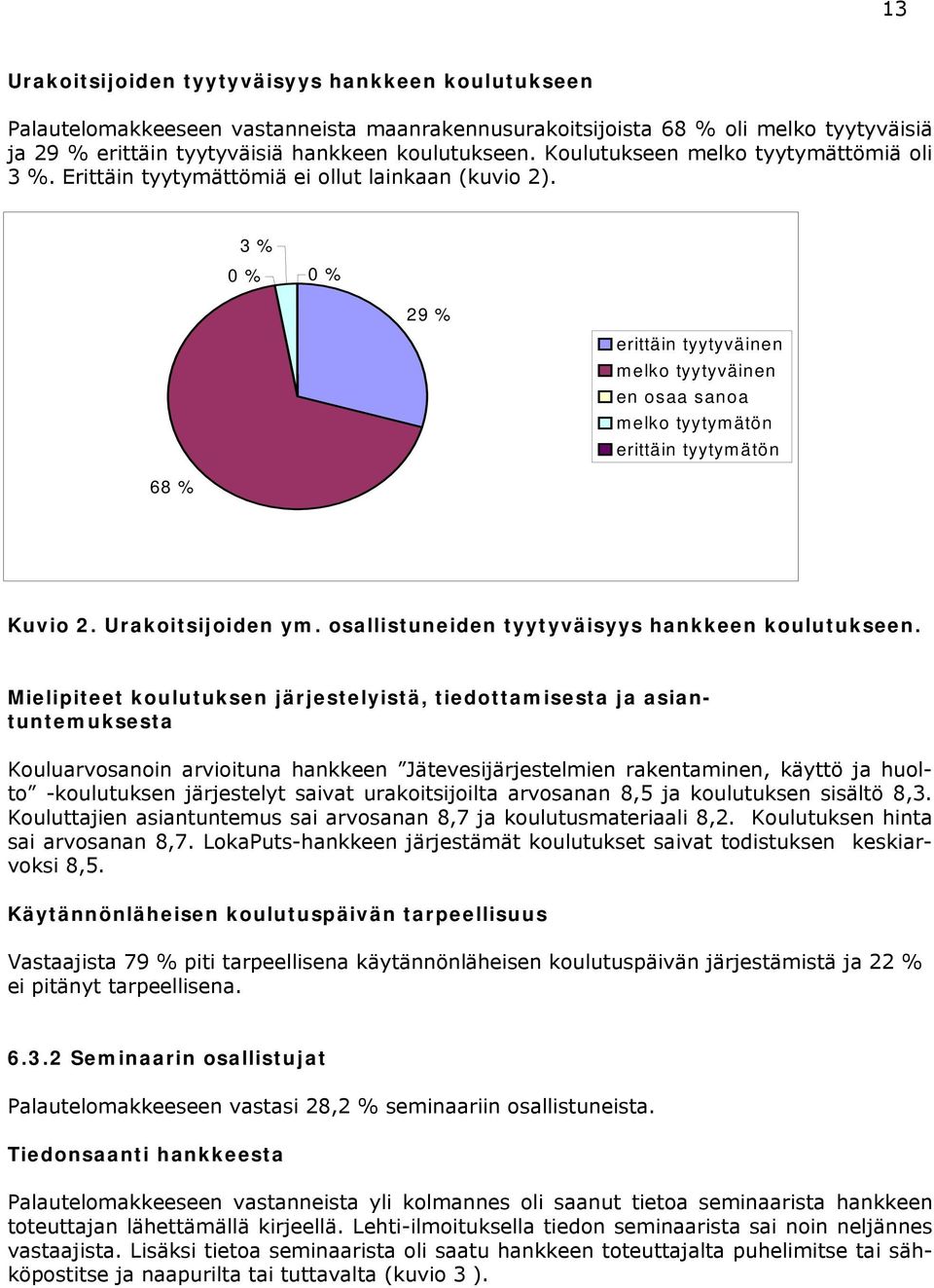 3 % 0 % 0 % 29 % erittäin tyytyväinen melko tyytyväinen en osaa sanoa melko tyytymätön erittäin tyytymätön 68 % Kuvio 2. Urakoitsijoiden ym. osallistuneiden tyytyväisyys hankkeen koulutukseen.