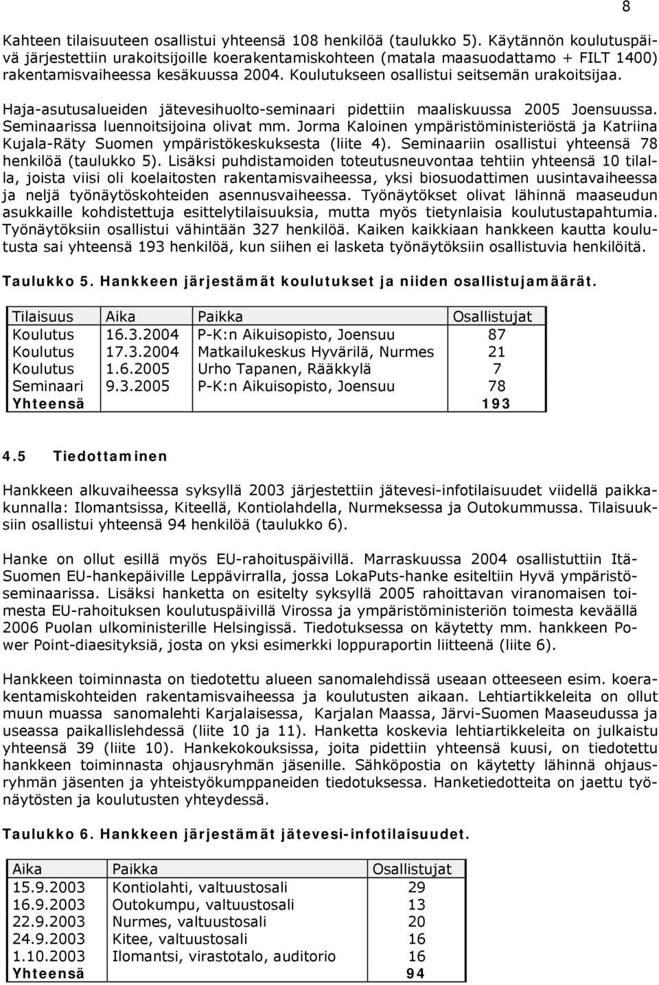 Haja-asutusalueiden jätevesihuolto-seminaari pidettiin maaliskuussa 2005 Joensuussa. Seminaarissa luennoitsijoina olivat mm.