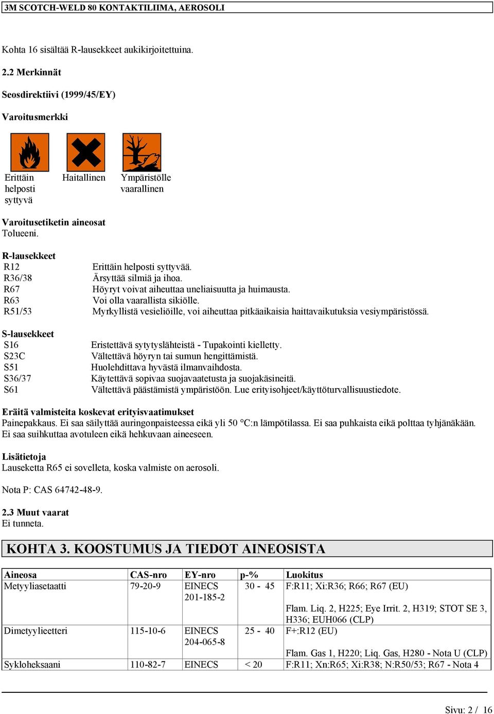 R36/38 Ärsyttää silmiä ja ihoa. R67 Höyryt voivat aiheuttaa uneliaisuutta ja huimausta. R63 Voi olla vaarallista sikiölle.
