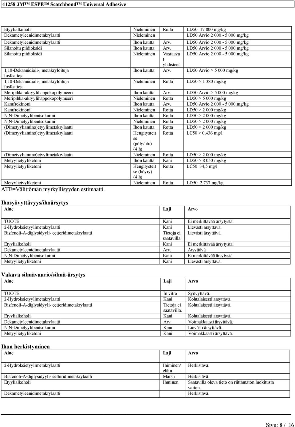 LD50 Arvio > 5 000 mg/kg fosfaatteja 1,10-Dekaaidioli-, metakryloituja Nielemie Rotta LD50 > 1 380 mg/kg fosfaatteja Meripihka-akryylihappokopolymeeri Iho kautta Arv.