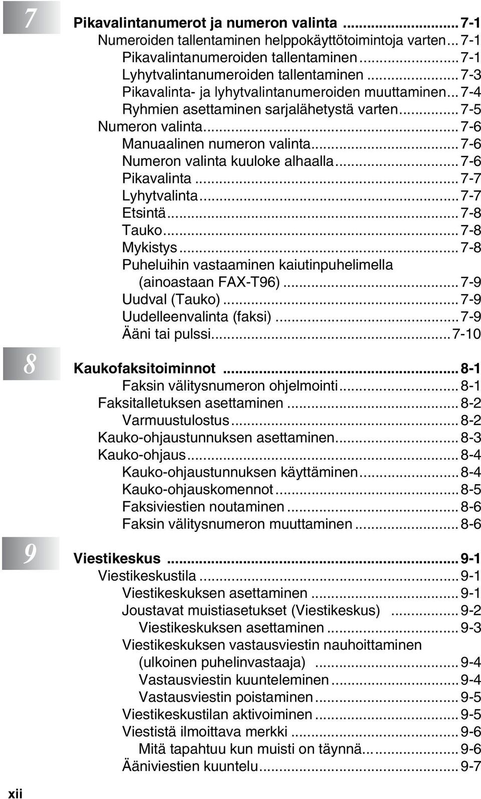 .. 7-6 Numeron valinta kuuloke alhaalla...7-6 Pikavalinta...7-7 Lyhytvalinta...7-7 Etsintä...7-8 Tauko...7-8 Mykistys...7-8 Puheluihin vastaaminen kaiutinpuhelimella (ainoastaan FAX-T96).