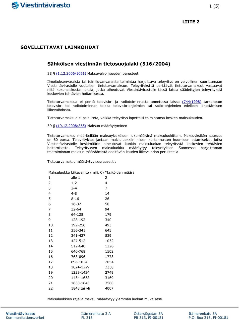 Teleyrityksiltä perittävät tietoturvamaksut vastaavat niitä kokonaiskustannuksia, jotka aiheutuvat Viestintävirastolle tässä laissa säädettyjen teleyrityksiä koskevien tehtävien hoitamisesta.