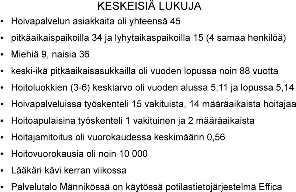 Hoivapalveluissa työskenteli 15 vakituista, 14 määräaikaista hoitajaa Hoitoapulaisina työskenteli 1 vakituinen ja 2 määräaikaista Hoitajamitoitus